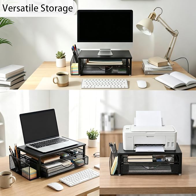 Spacrea Desk Organizer and Accessories, Computer Monitor Stand Riser with Drawer and 1 Open Pen Holder, Printer & Laptop Stand, Office Desk Accessories for Home Office Supplies (Black)