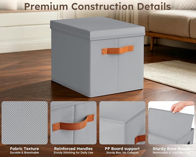 Homsorout Storage Bins with Lids - Fabric Storage Baskets for Shelves, 6 Pack Foldable Decorative Boxes with Handles, Stackable Organizer Bins for Home, Nursery, Dorm, Grey