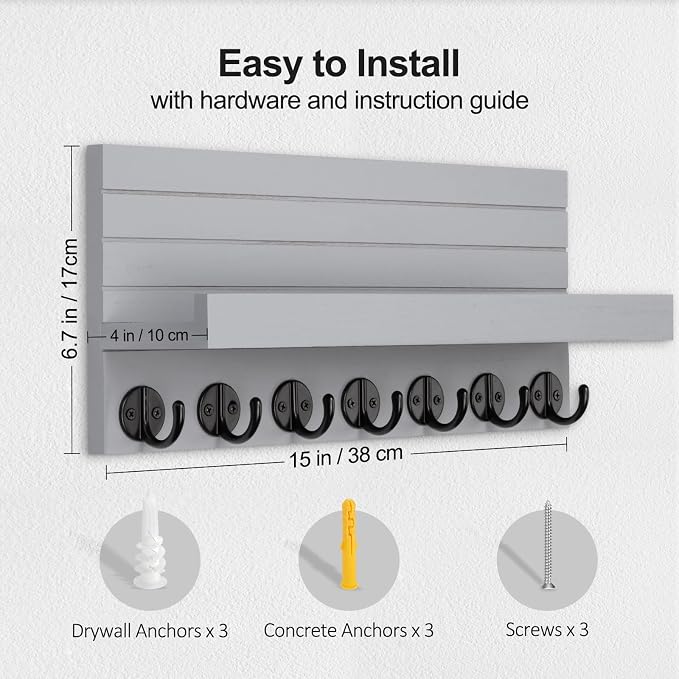 Lwenki Key Holder Wall Mount, Entryway Key and Mail Holder with 7 Sturdy Hooks for Sunglasses, Dog Leash, Decorative Wall Shelf with Mounting Hardware, 15”W x 6.7”H x 4.2”D (Gray)