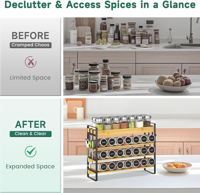 EsLuker.ly Spice Seasoning Rack Organizer Kitchen Countertop, 4 Tier Bamboo | Spice Shelf Holder Storage with 4 Hooks, Wall Mounted Freestanding Stand for Pantry, Quick Spice Access(Jars Not Included)