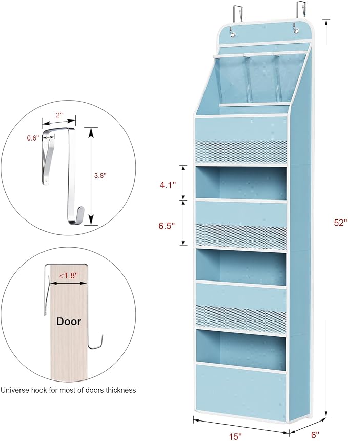 Univivi Fabric Over Door Hanging Organizer for Baby Nursery, Blue, 5-Shelf | Door Storage with Large Capacity Breathable Mesh Pockets, Over the Door Baby Organizer for Baby Essential, Bedroom, and Dorm
