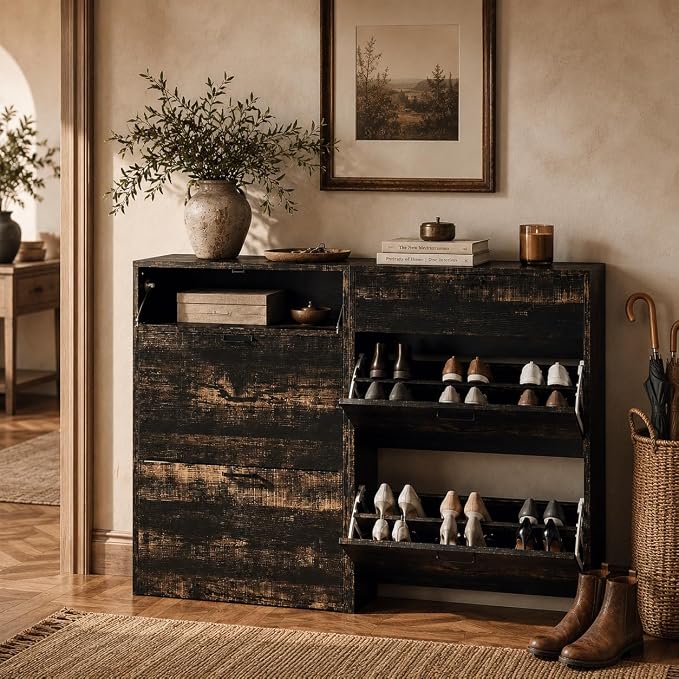 VINGLI Set of 2 Shoe Cabinets Storage for Entryway,2-Pack,Dark Rustic Oak | 16–24 Pairs,Skirting Board Cutout,Drop-Down Drawer,9.4"D Slim,Farmhouse,2 Flip Drawers,Adjustable & Removable Shelf