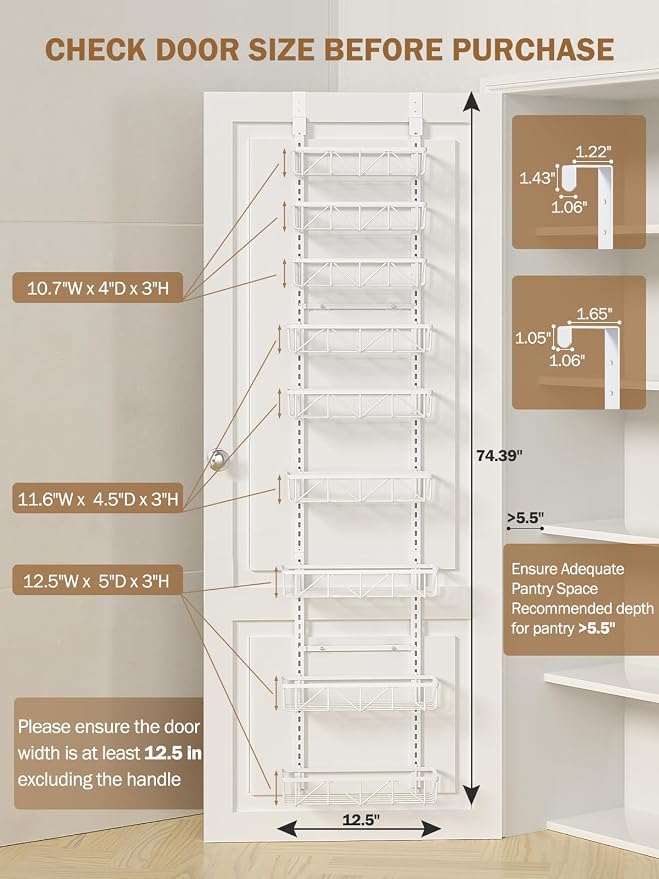Delamu Narrow 9-Tier Over the Door Pantry Organizer, Adjustable Pantry Storage, Metal Hanging Spice Rack, Cabinet Door Organizer for Kitchen, Bathroom, Laundry Room, 12.5" White