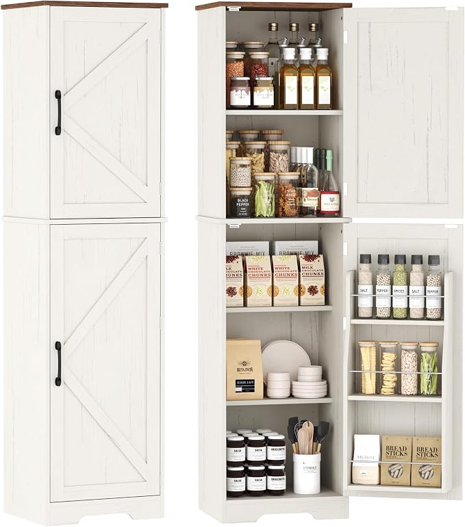 Function Home Farmhouse Kitchen Pantry Cabinet, 64" Tall Slim Bathroom Storage Cabinet, 5 Tier Wooden Floor Cabinets with Barn Doors and Adjustable Shelves for Dining Room Living Room, Antique White