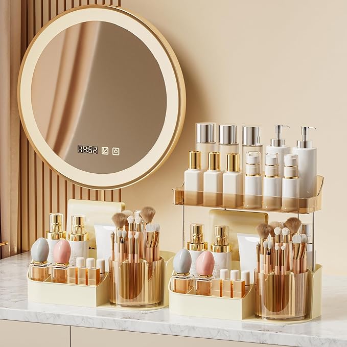 DASITON Large Capacity Makeup Organizer with 360° Rotating Makeup Brush Holder, Perfume and Skincare Storage Organizers for Vanity Bathroom Countertop, Cosmetic Display Case (Cream, 2 Tier)