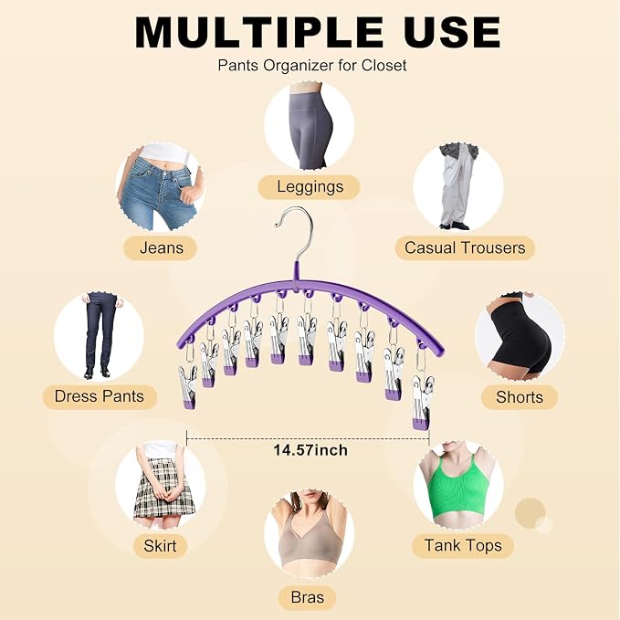Volnamal Legging Organizer for Closet,1 Pack Metal Yoga Pants Hanger-Purple | Clothes Hanger w/10 Clips Hold 10 Leggings,Space Saving Hanging Closet Organizer College Dorm Essentials Apartment Essential
