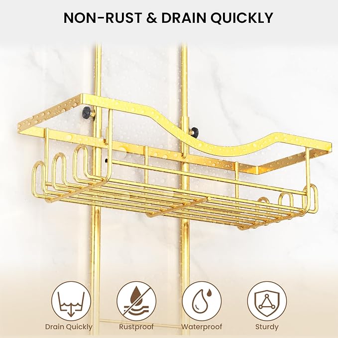 Shower Caddy Hanging Adjustable Shower Caddy, Rustproof Shower Organizer Extended Length Showers Caddy Over Shower Head with Hooks Soap Holder, Large Capacity Anti-Swing Bathroom Organizer, Gold | Shower Caddy Over Showerhead, Extra Long, No Drilling, ...