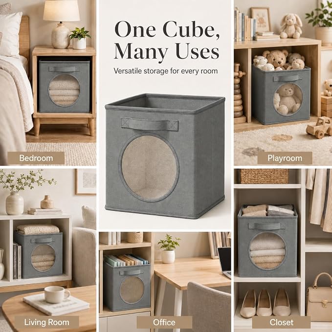 Storage Cubes with Mesh Window, 13'' Cube Storage Bin, Dark Gray, 4 Pack | See through Round window, Foldable Odor-Free & Sturdy PP Structure, Cubby Baskets for Closet, Shelves, Bedroom and Offices