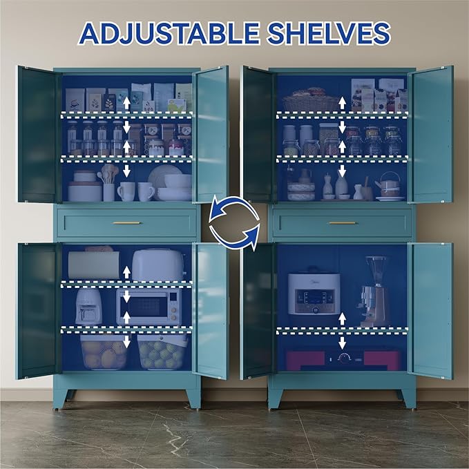 COFaR 71 in Tall Kitchen Pantry Cabinet with Drawer, Metal Pantry Storage Cabinet with 4 Adjustable Shelves and 4 Barn Doors, Freestanding Farmhouse Food Cupboard for Dining Room, Peacock Blue 6-Tier