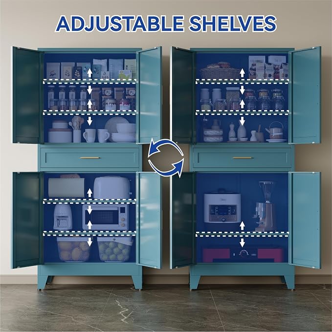 COFaR 71'' Tall Metal Pantry Cabinet with Drawer, Kitchen Storage Cabinet with 4 Doors and Shelves, Freestanding Farmhouse Food Cupboard for Kitchen Dinning Room Garage, Peacock Blue 6-Tier