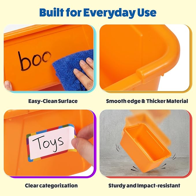 GAMENOTE 6 Quart Storage Bins with Lids, Plastic Latching Box for Classroom & Kids Toy Storage,Stackable Shoe Box Size Containers for STEM Morning Tubs, Crafts & Blocks (12, Colorful Without Lid)