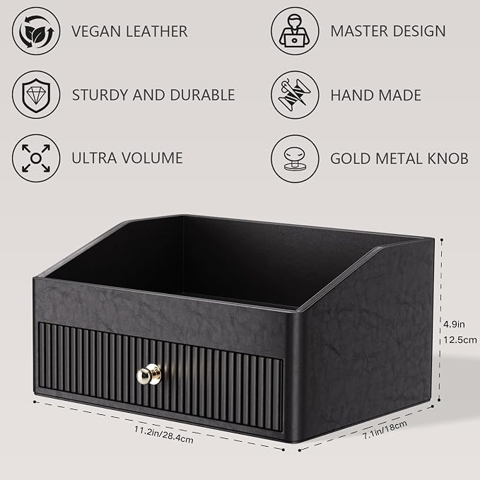 LADSTAG Vanity Organizer,Leather Skin Organizers with 1 Drawer&Tray,Large Capacity Black Vanity Organizers and Storage for Lipstick,Bedroom,Bathroom,Mothers Day Gifts,Gift for Women
