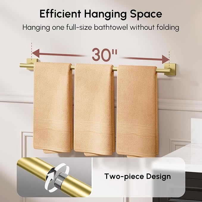 Brushed Gold Bath Towel Bar, 30 Inch Towel Racks for Bathroom | Thicken 304 Stainless Steel Towel Holder with Square Base, Towel Rod Wall Mounted, Modern Home Decor (Total Length 32 Inch)
