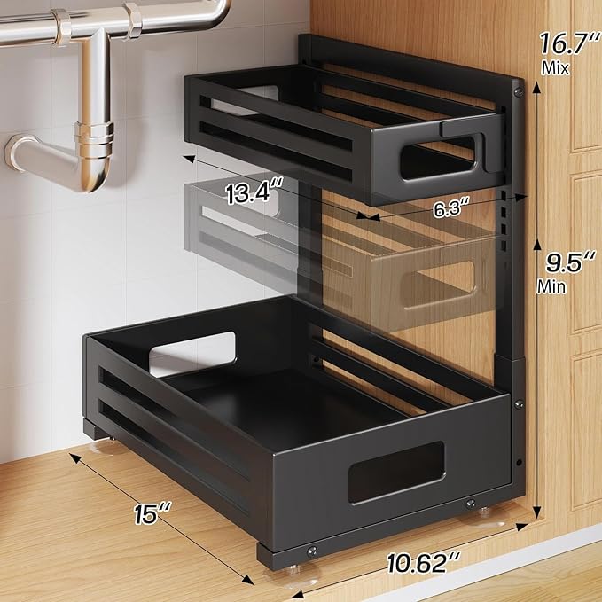 2 Pack Under Sink Organizer,Pull Out Cabinet Organizer with Smooth Cylindrical Rail,Metal Slide Out Drawer for Kitchen Bathroom Laundry Cabinet,8-Level Tool Free Height Adjustable-Black