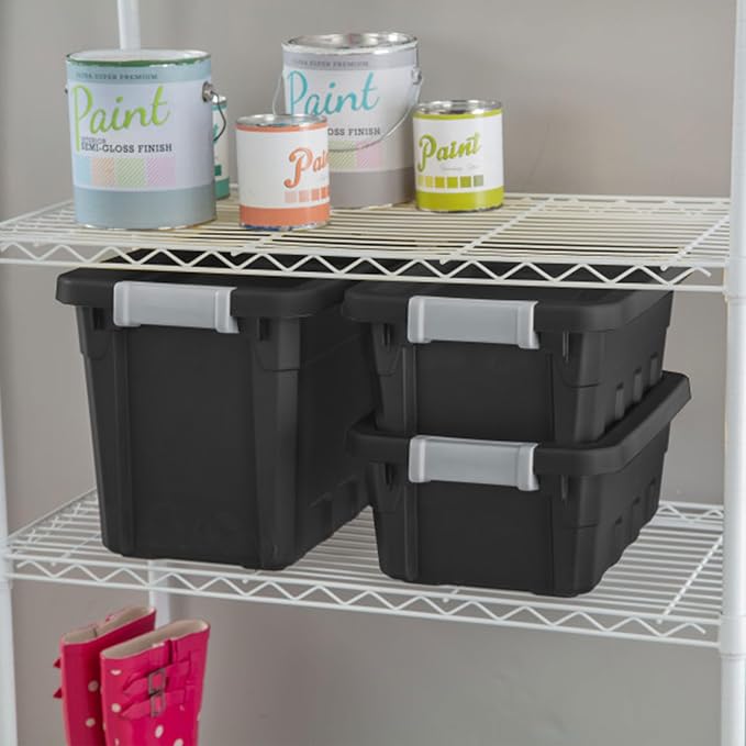 Sterilite Stacker Tote with Latching Lids for Garage, 4 Gallon, 12-Pack | Heavy-Duty and Stackable Plastic Boxes and Containers for Home, Desk, Cabinet, Dorm, Basement, or Utility Organization