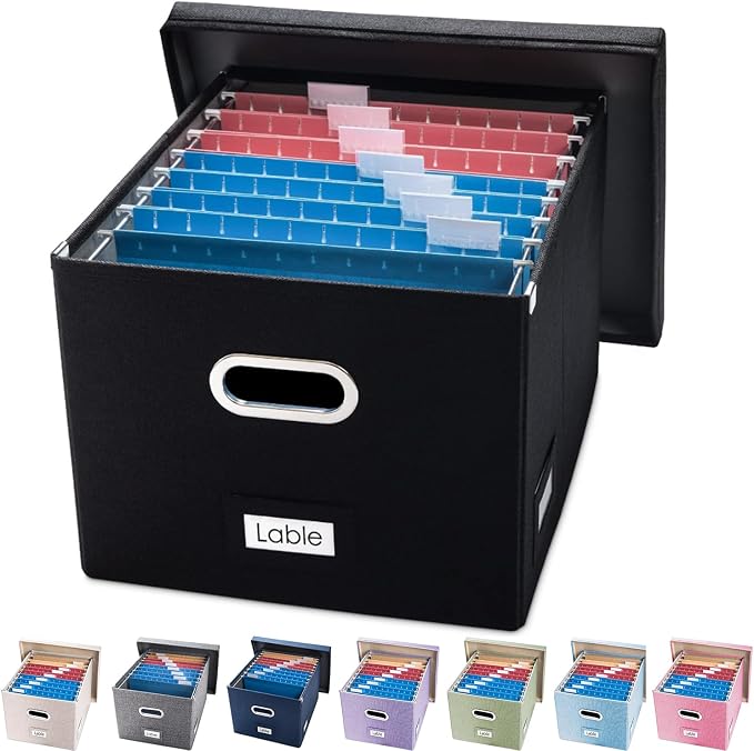 File Organizer Box - Set of 1 Collapsible Decorative Linen Filing Storage Hanging File Folders with Lids Office Cabinet Letter/Legal Size Black (17x14x11.2 inch)