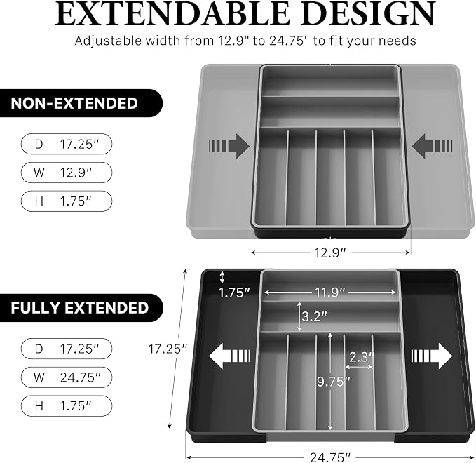 Simple Houseware Expandable Kitchen Drawer Flatware Organizer, Black/Gray | Expandable & Adjustable Cutlery Drawer Organizer - Large Utensil and Flatware Tray for Kitchen Drawers