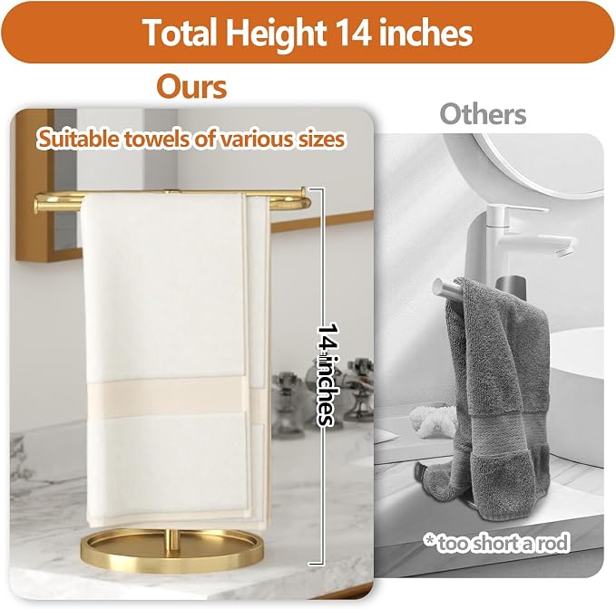 Bethom Bathroom Hand Towel Holder Stand Gold, S-Shape Kitchen Towel Rack | Stainless Steel Countertop Towel Standing Bar, Holds 2 Hand Towels