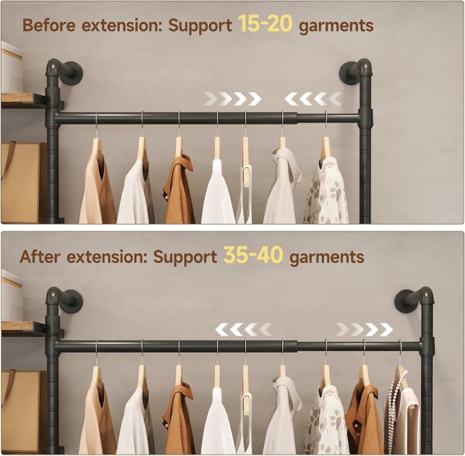 T1 Wall Mounted Closet System, Industrial Pipe Clothing Rack with 6 Wooden Shelves & 4 Telescopic Rods, Heavy Duty Closet Organizers and Storage in Wardrobe Closet (Rustic Brown)