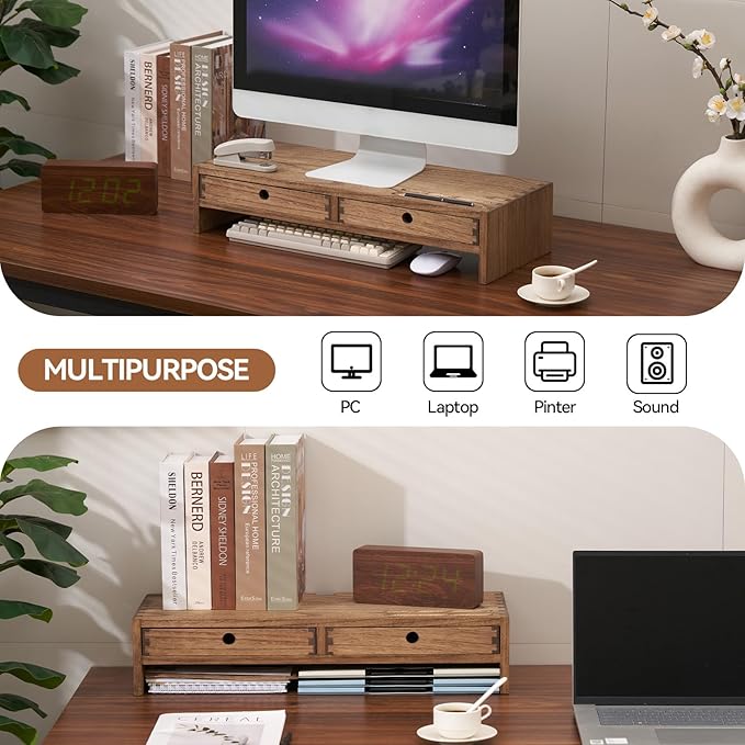 KIRIGEN Solid Wood Monitor Stand with 2 Drawers, Desk Riser, Brown PMJ-DBR | Desktop Organizer with Cable Opening and Pen Slots Stores Office Supplies, Supports Up To 50 Lb and Arrives Fully Assembled