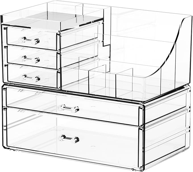 2 Pack Clear Makeup Organizer Countertop for Dresser,Vanity and Bathroom Counter Organizer,Tiered Stackable Makeup Acrylic Organizers with 5 Drawer for Skincare,Brush and Make up Holders