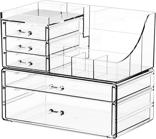 2 Pack Clear Makeup Organizer Countertop for Dresser,Vanity and Bathroom Counter Organizer,Tiered Stackable Makeup Acrylic Organizers with 5 Drawer for Skincare,Brush and Make up Holders