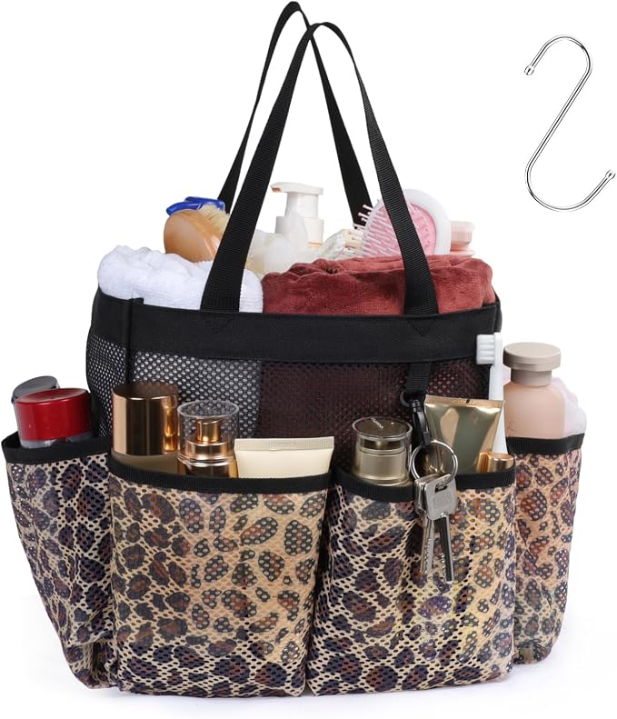 Mesh Shower Caddy Portable - 8 Pockets, S-Hook, Shower Bag for Dorm Camping | 2-Handle, Quick-Dry, Hanging Toiletry Organizer, College Dorm Room Essentials for Girls, Gym, Travel & Bathroom, Leopard
