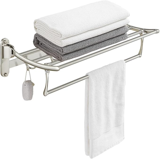 24 Inch Brushed Nickel Towel Racks, Bathroom Towel Shelf with Foldable Towel Bar Holder and Towel Hooks, Wall Mounted Multifunctional Bathroom Accessories, Double Towel Bars