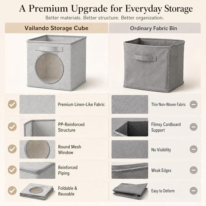 Fabric Storage Cubes with Mesh Window, 11'' Cube Storage Bin, Gray, 4 Pack | See through Round Window, Foldable Odor-Free & Sturdy PP Structure, Cubby Baskets for Closet, Shelves, Bedroom and Offices