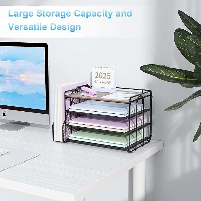 Spacrea 4 Tier Paper Organizer for Desk with File Organizer | Desk Organizers and Accessories Desk Accessories & Workspace Organizers for Office Supplies (Wood)