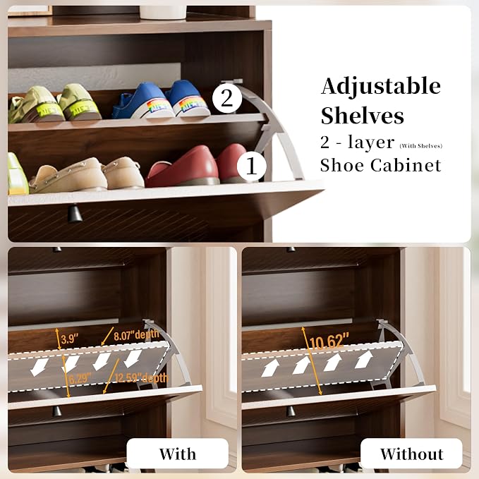 Fsbecl Shoe Cabinet for Entryway with 2 Flip Drawers & Coat Rack, Narrow Hidden Shoe Storage Cabinet with Fluted Panel, 2-in-1 Hall Tree Slim Freestanding Shoe Rack Organizer for Hallway