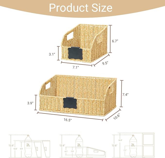Pantry Organizers and Storage Basket for Organizing with Handles,Handwoven Large Wicker Baskets for Shelves - Waterproof Plastic Storage Bins, Boho Decorative, 3Pack, Natural