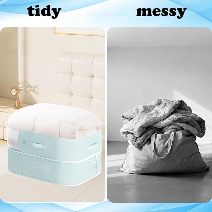 Compression Storage Bags for Bedding, 2 Pack Large Vacuum Sealer Bags with Transparent Window, Ultra Space Saving Self Compression Organizer for Comforters, Blankets & Seasonal Clothes (Blue, Large)