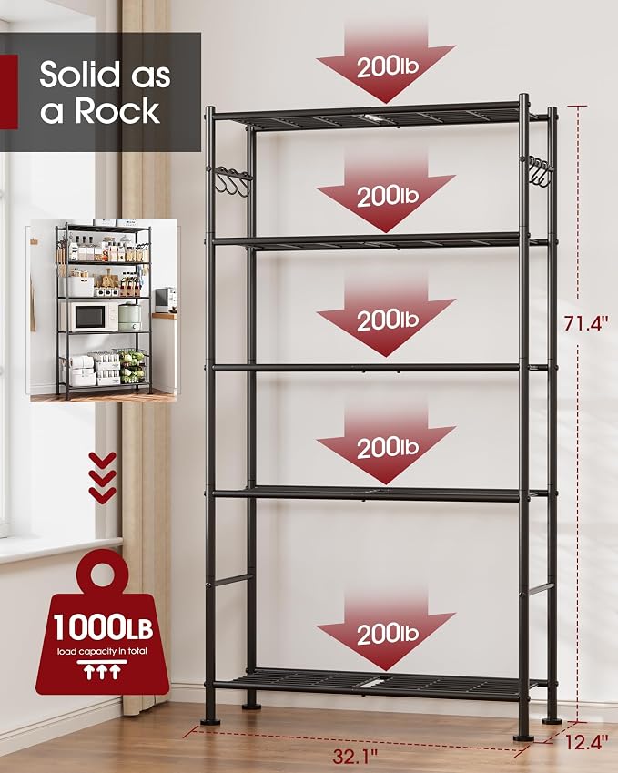 Sakugi Storage Shelves - 5-Tier Large Capacity Shelf Organizer with Hooks, Heavy-Duty Garage Shelving with Leveling Feet, Wobble-Free Rack for Bedroom, Balcony, Garage, 32.1"×12.4"×71.4", Black