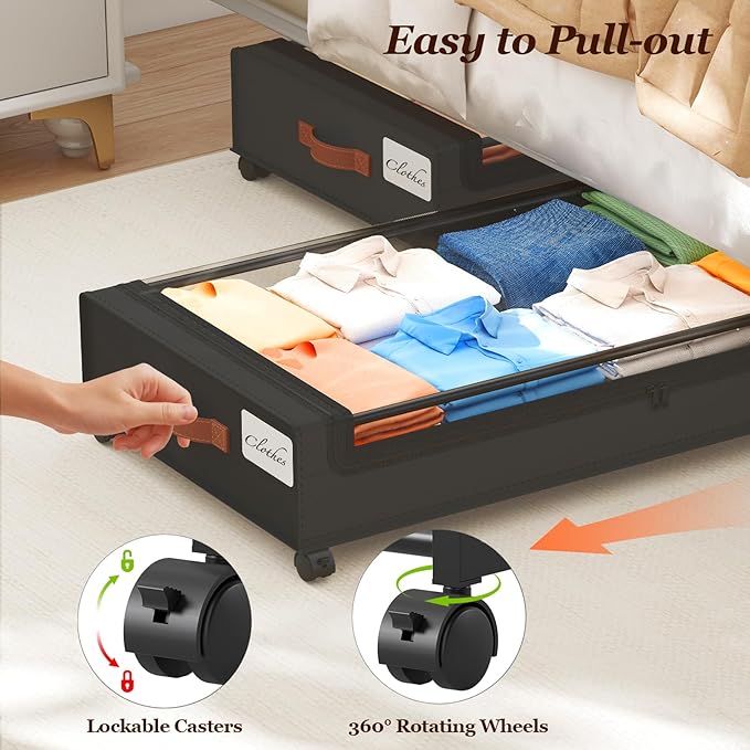 Yecaye 70 L Under Bed Storage with Wheels, 3 Pack Larger Capacity Under Bed Storage Containers, Underbed Shoe Storage Organizer, Rolling Under Bed Metal Drawers for Clothes, Blankets, Black