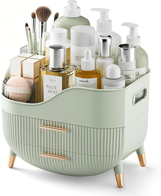Pajiriona Makeup Organizer with Drawers, Green Skincare Organizer for Vanity, Storage Box with Handle, Large Cosmetic Display Case for Dresser, Bathroom Countertop