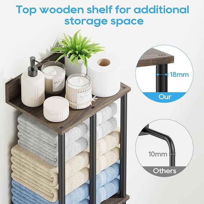 Towel Racks for Bathroom Wall Mounted with Wooden Storage Shelf | Updated 3 Bar Metal Towel Holder for Rolled Towels, Sturdy and Large Capacity, Towel Storage Organizer