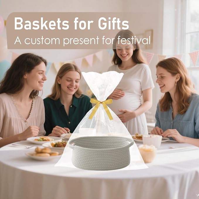 JMvicyroam Small Woven Basket, Empty Gift Basket, Grey/3 Pack | Small Gift Basket, Cotton Rope, 12 x 8 x 38 in, Handles, Includes Ribbon and Bag, Birthday Gift Basket