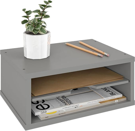 Ballucci File Organizer, 2-Tier Document Paper Sorter, Stackable Wood Desk Organizer Mail Holder, Monitor Stand with Storage Shelves, Gray