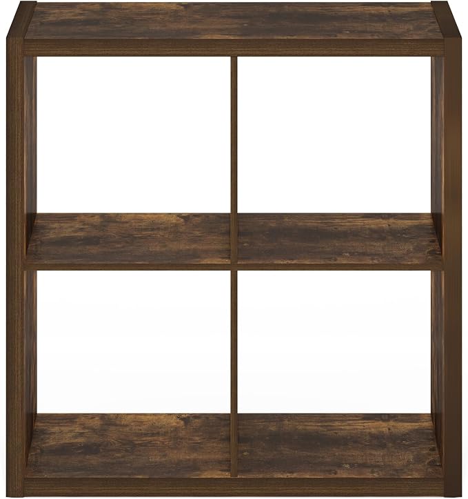 Furinno Cubicle 4-Cube Book Shelf, Extra Thick Frame Bookshelf, Amber Pine | 14.6" x 30" x 30", Reversible Bookcase with Open Back, for Living Room, Bedroom, Home Office