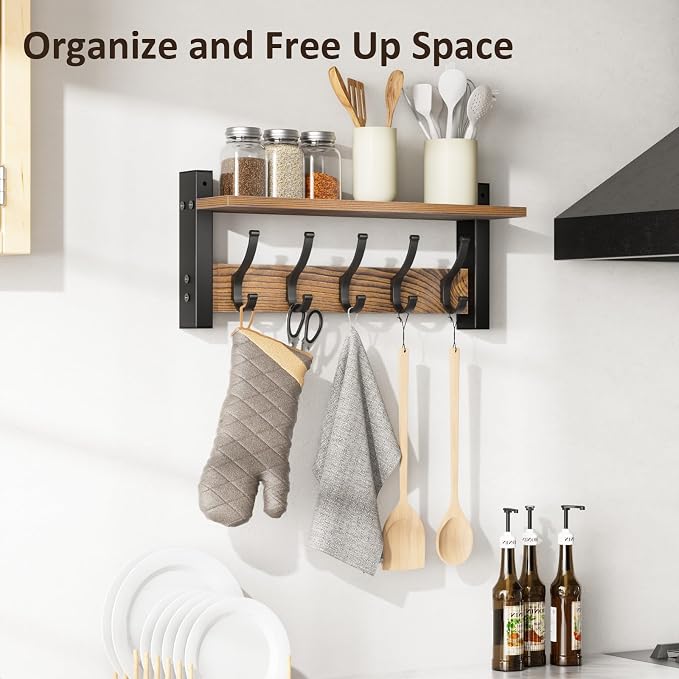 Optish Coat Rack Wall Mount with Shelf, 17.1 Inch Coat Hanger, Entryway Wall Key Holder, Hat Rack for Walls, Shelf with 5 Coat Hooks, Purse Hanger for Wall (Brown)