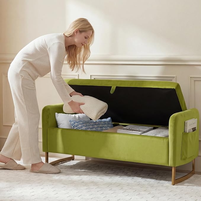 48" End of Bed Bench, Modern Storage Benches with Button-Tufted, Velvet Upholstered Storage Ottoman Bench for Foot of Bed with Arms, Gold Legs Window and Entryway, Olive Green
