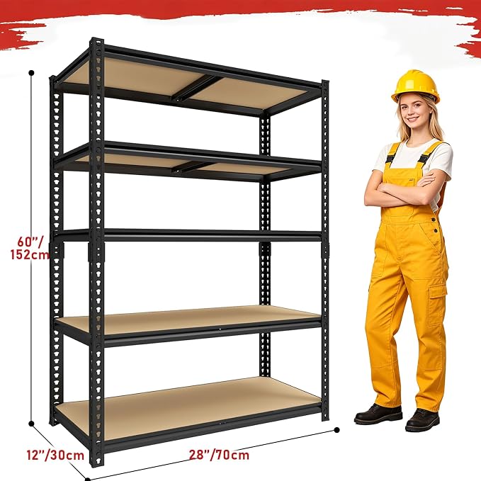 60" H Heavy Duty Storage Shelves, 2400LBS Capacity Metal Shelving Unit, Adjustable Garage Shelves & Organizer with Overlap Design for Home Garage Warehouse Storage Shop,Black