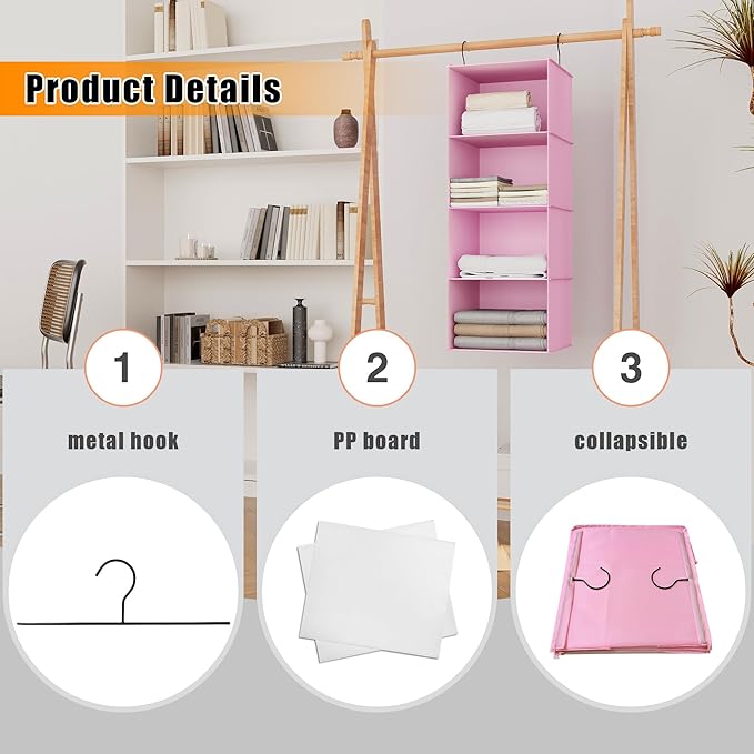 Hanging Closet Organizer 4-Shelf, Oxford Fabric Wardrobe Storage, Pink | Easy-mount foldable design holds clothes, handbags, shoes & accessories; washable Oxford fabric, sturdy and space-saving.