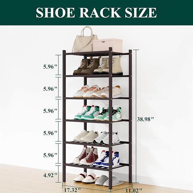 Smiry Bamboo Shoe Rack, 12 Vertical Slats, 6 Tier - 17.3" Wide, Brown | Stackable Free Standing Wooden Shoe Organizer, Wood Shoe Storage Shelf for Closet, Entryway