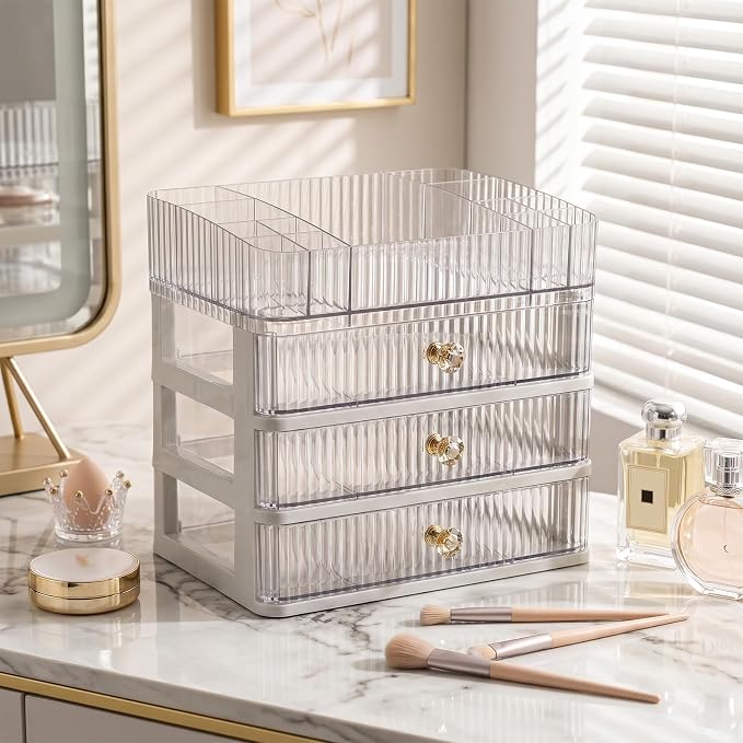 Makeup Organizer with 3 Drawers, Bathroom Counter Organizer. | Clear Cosmetic Display Case, Ideal for Make Up, Skincare, Perfume; Suitable for Dresser Top, Vanity and Desk