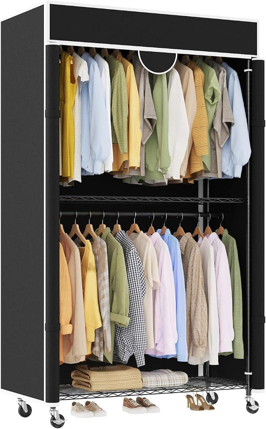 Heavy Duty Garment Rack 485LBS Closet Wardrobe with 4 Wheels & Cover Clothes Rack for Hanging Clothes with Adjustable 3 Shelves & 2 Hanging Rods 45" Lx17 Wx79 H Black