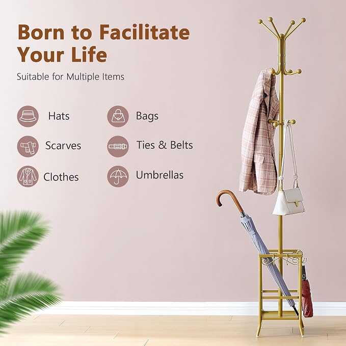 Hoctieon Coat Rack Freestanding, Coat Tree with Umbrella Holder | Metal Coat Rack Stand with 12 Hooks, Standing Coat Hanger Stand, Umbrella Stand for Entryway, Hat Rack Stand for Home Office