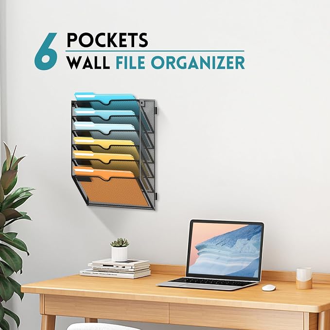 SUPEASY 6 Tier Wall File Organizer, Hanging Wall Mounted Mail Organizer with Label Slots, Metal Mesh File Holder Magazine Rack for Office, Home, School or Classroom, Black, 2Pack