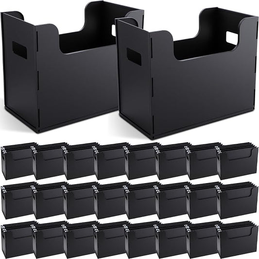 24 Pcs Portable Desktop File, Side Handles, Filing Organizer, Hanging File Folders, Letter Size for Schools Office Home (Black)